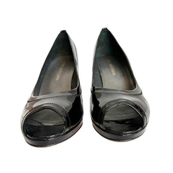 Stuart Weitzman Black Perforated Peep Toe Patent Leather Heel Pumps - Picture 7 of 12